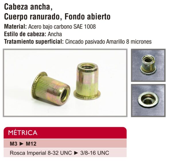 Informacion sobre material, especificaciones y medidas de la Tuerca Remachable Acero