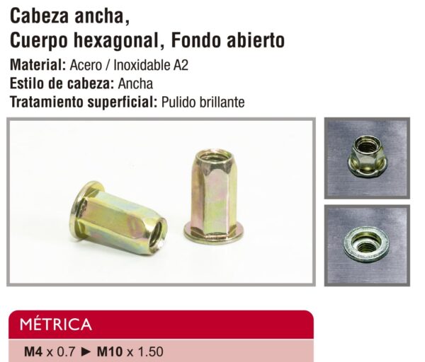 Informacion sobre material, especificaciones y medidas de la tuerca remachable hexagonal acero