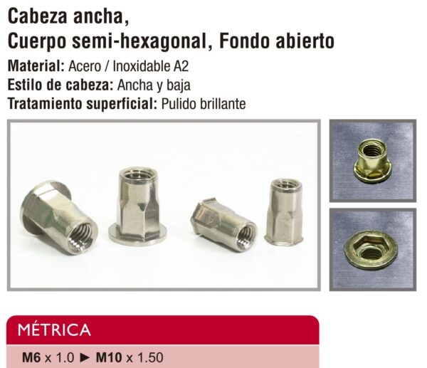 Informacion sobre material, especificaciones y medidas de la tuerca remachable acero inox