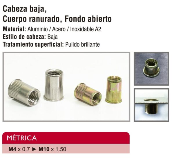 Especificaciones sobre las medidas de la Tuerca Remachable Aluminio