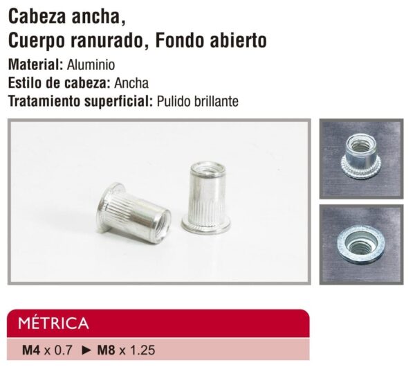 Especificaciones sobre las medidas de la Tuerca Remachable Aluminio Ranurada