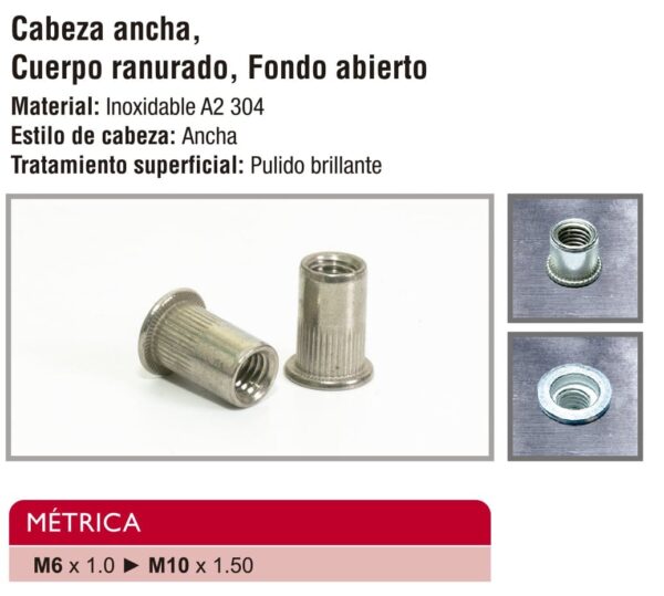 Especificaciones sobre las medidas de la Tuerca Remachable Inoxidable